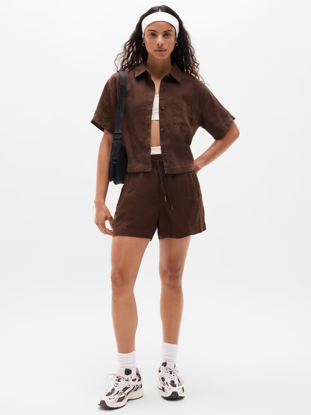 Athleta Retreat Linen Short Sleeve Shirt Boxy Fit Woodland Brown 100% Linen XS - Picture 6 of 7